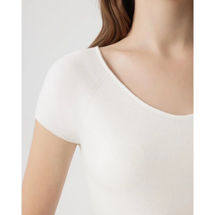 SUUKSESS Women Silk Cashmere Blend Short Sleeve Pullover Sweater Wide V Neck Tops Business Casual (White, M) by SUUKSESS - Image 5