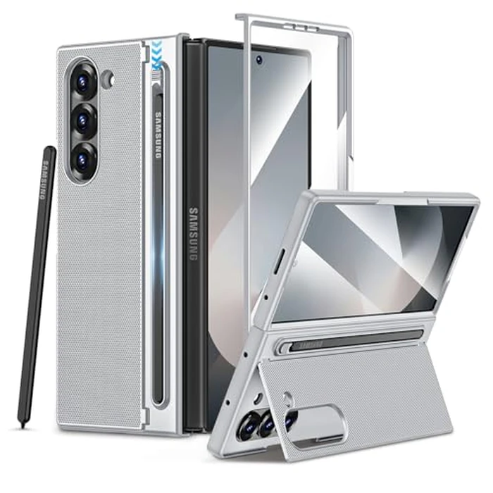 Maxdara for Z Fold 6 Case with S Pen Holder, with Hidden Kickstand and Built-in Screen Protector, Shockproof Phone Cover for Galaxy Z Fold 6, Silver by Maxdara - Used - Acceptable condition - US$14.55