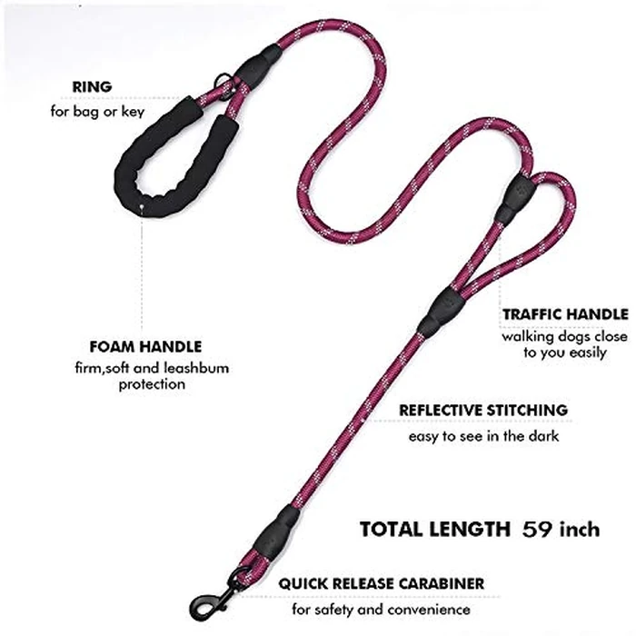 DDSCOLOUR Heavy Duty Dog Leash 5-6ft Long with Comfortable Padded Handle Training Lead Reflective Mountain Climbing Rope Dog leashes Walking Training Leash for Medium Large Purple by DDSColour - Image 2