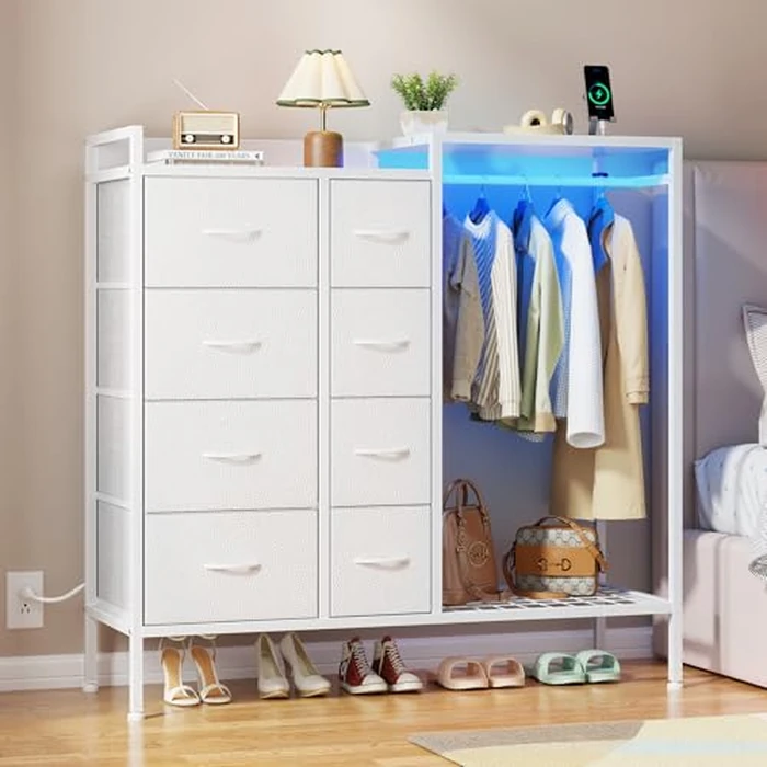 HIGDBFE Dresser with Hanging Rack, 8-Drawer Dresser for Bedroom with Charging Station & LED Lights, Fabric Dressers with Shoe Rack, Chest of Drawers with Wooden Top for Bedroom, White, 11.8" D by HIGDBFE - Image 1