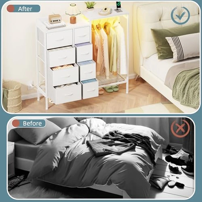 HIGDBFE Dresser with Hanging Rack, 8-Drawer Dresser for Bedroom with Charging Station & LED Lights, Fabric Dressers with Shoe Rack, Chest of Drawers with Wooden Top for Bedroom, White, 11.8" D by HIGDBFE - Image 2