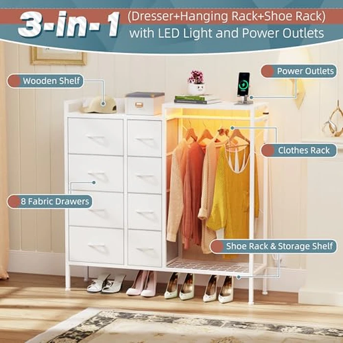 HIGDBFE Dresser with Hanging Rack, 8-Drawer Dresser for Bedroom with Charging Station & LED Lights, Fabric Dressers with Shoe Rack, Chest of Drawers with Wooden Top for Bedroom, White, 11.8" D by HIGDBFE - Image 3