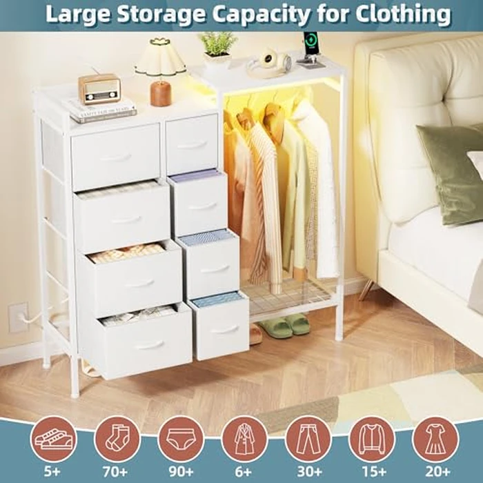 HIGDBFE Dresser with Hanging Rack, 8-Drawer Dresser for Bedroom with Charging Station & LED Lights, Fabric Dressers with Shoe Rack, Chest of Drawers with Wooden Top for Bedroom, White, 11.8" D by HIGDBFE - Image 4