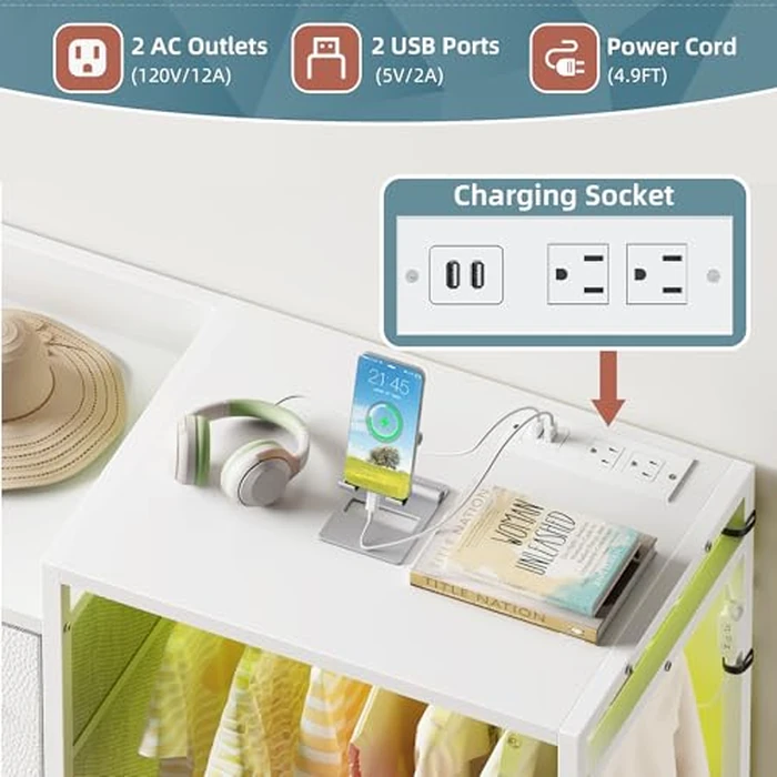 HIGDBFE Dresser with Hanging Rack, 8-Drawer Dresser for Bedroom with Charging Station & LED Lights, Fabric Dressers with Shoe Rack, Chest of Drawers with Wooden Top for Bedroom, White, 11.8" D by HIGDBFE - Image 5