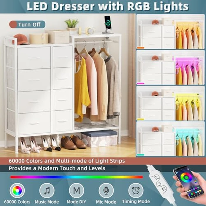 HIGDBFE Dresser with Hanging Rack, 8-Drawer Dresser for Bedroom with Charging Station & LED Lights, Fabric Dressers with Shoe Rack, Chest of Drawers with Wooden Top for Bedroom, White, 11.8" D by HIGDBFE - Image 6