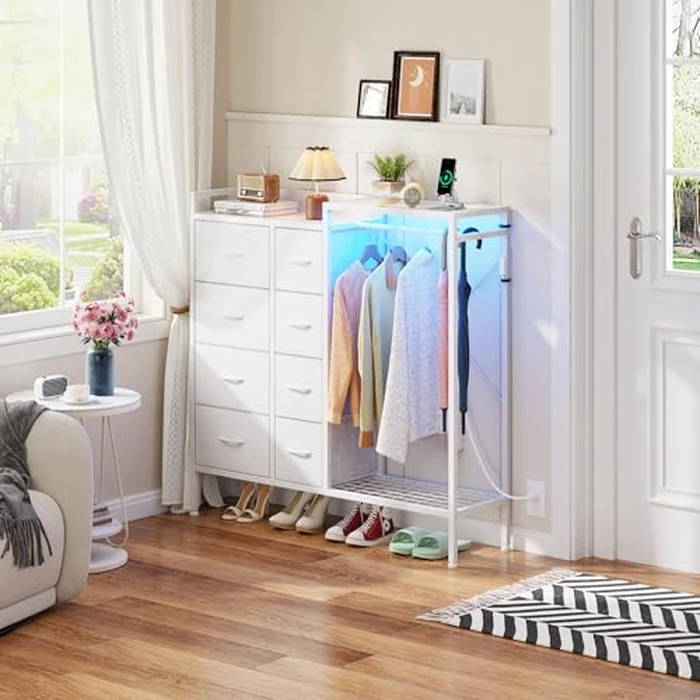 HIGDBFE Dresser with Hanging Rack, 8-Drawer Dresser for Bedroom with Charging Station & LED Lights, Fabric Dressers with Shoe Rack, Chest of Drawers with Wooden Top for Bedroom, White, 11.8" D by HIGDBFE - Image 7