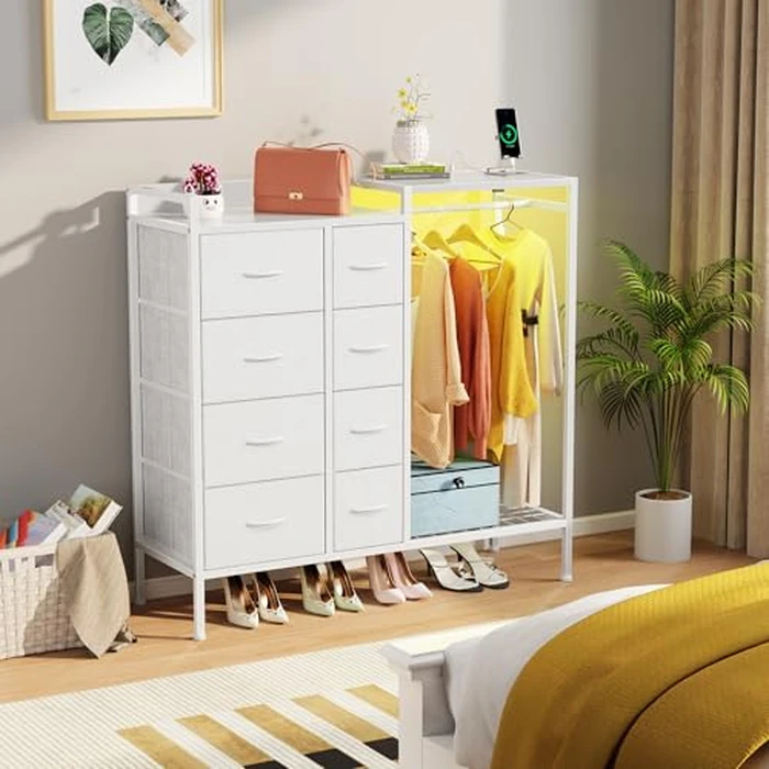 HIGDBFE Dresser with Hanging Rack, 8-Drawer Dresser for Bedroom with Charging Station & LED Lights, Fabric Dressers with Shoe Rack, Chest of Drawers with Wooden Top for Bedroom, White, 11.8" D by HIGDBFE - Image 8