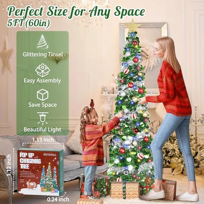 SINTENILL 5 FT Pop Up Christmas Tree with Timer Lights and Decorations, Green Silver Christmas Tinsel Tree with 24 Ball Ornaments, Pencil Tree Collapsible Christmas Tree for Home, Apartment, Office by SINTENILL - Image 1