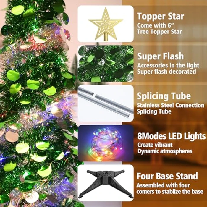 SINTENILL 5 FT Pop Up Christmas Tree with Timer Lights and Decorations, Green Silver Christmas Tinsel Tree with 24 Ball Ornaments, Pencil Tree Collapsible Christmas Tree for Home, Apartment, Office by SINTENILL - Image 3