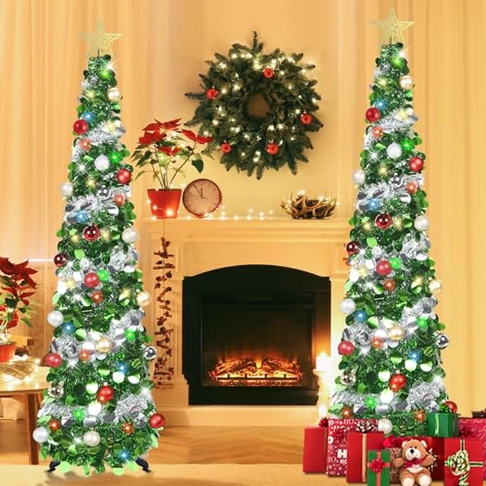 SINTENILL 5 FT Pop Up Christmas Tree with Timer Lights and Decorations, Green Silver Christmas Tinsel Tree with 24 Ball Ornaments, Pencil Tree Collapsible Christmas Tree for Home, Apartment, Office by SINTENILL - Image 4