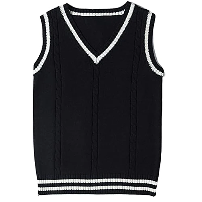jinghuiyue Women’s V Neck Sweater Vest School Uniform Cable Knit Sleeveless Sweaters Pullover Tank Tops(Stripe Black-M) by jinghuiyue - Image 1