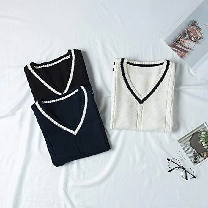 jinghuiyue Women’s V Neck Sweater Vest School Uniform Cable Knit Sleeveless Sweaters Pullover Tank Tops(Stripe Black-M) by jinghuiyue - Image 3