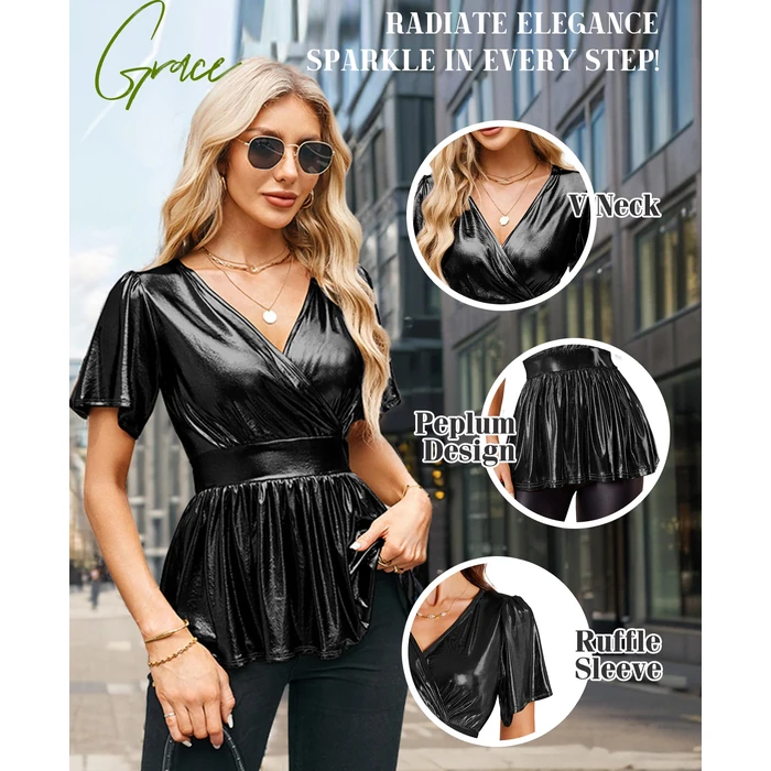 SEXYCHRM Glitter Peplum Tops for Womens - Sparkly V Neck Shirts Ruffle Sleeve Blouse Wrap Tunic Metallic Cocktail Party Tops Black Large by SEXYCHRM - Image 3