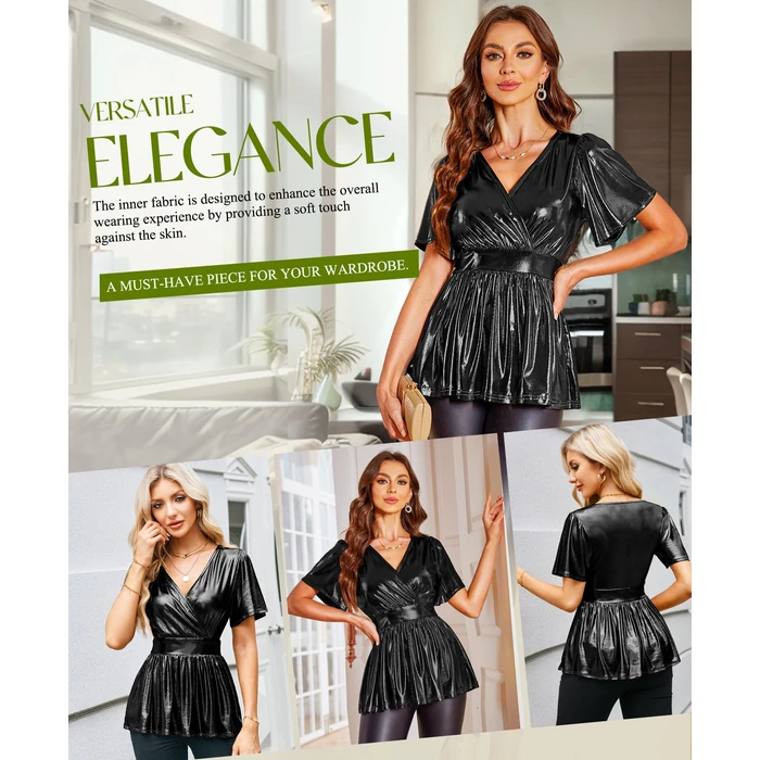 SEXYCHRM Glitter Peplum Tops for Womens - Sparkly V Neck Shirts Ruffle Sleeve Blouse Wrap Tunic Metallic Cocktail Party Tops Black Large by SEXYCHRM - Image 4