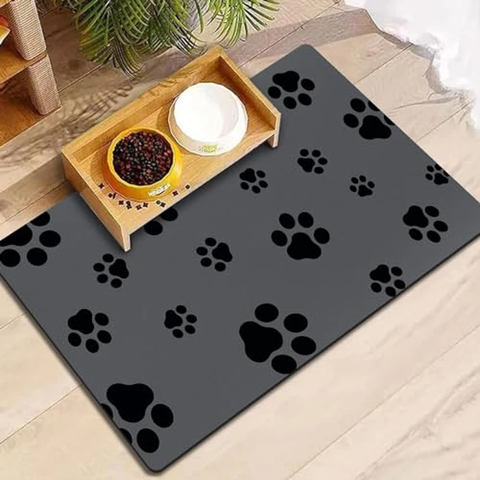 18"x30" Dog Food Mat-Absorbent Dog Mat for Food and Water, No Stains Quick Dry Cat Food Bowl Mat with Footprints for Messy Drinkers,Dark Grey by Blkjsgly - Used - Like New condition