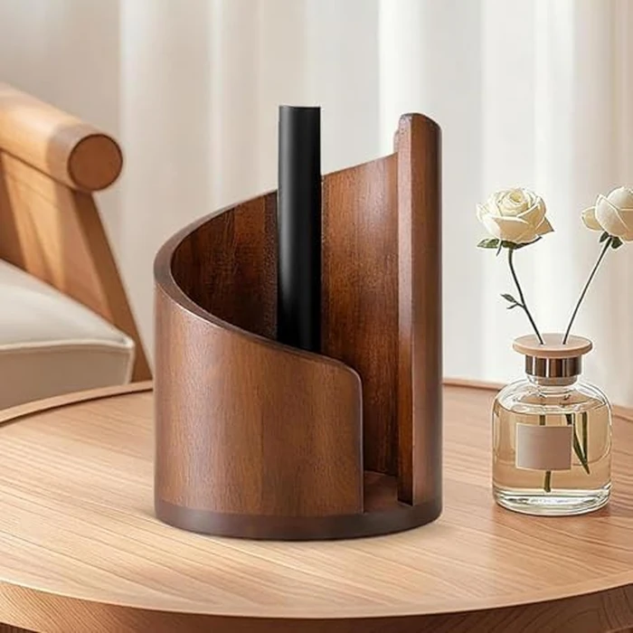 Quhoxdye Mountain Paper Towel Holder, New Wooden Mango Wood Stand with Iron Base, One-Handed Operation, Fits Jumbo Rolls, Home Office Toilet Paper Storage Organizer for Desktop (Brown) by Quhoxdye - Image 3