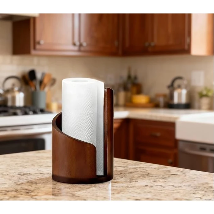 Quhoxdye Mountain Paper Towel Holder, New Wooden Mango Wood Stand with Iron Base, One-Handed Operation, Fits Jumbo Rolls, Home Office Toilet Paper Storage Organizer for Desktop (Brown) by Quhoxdye - Image 4