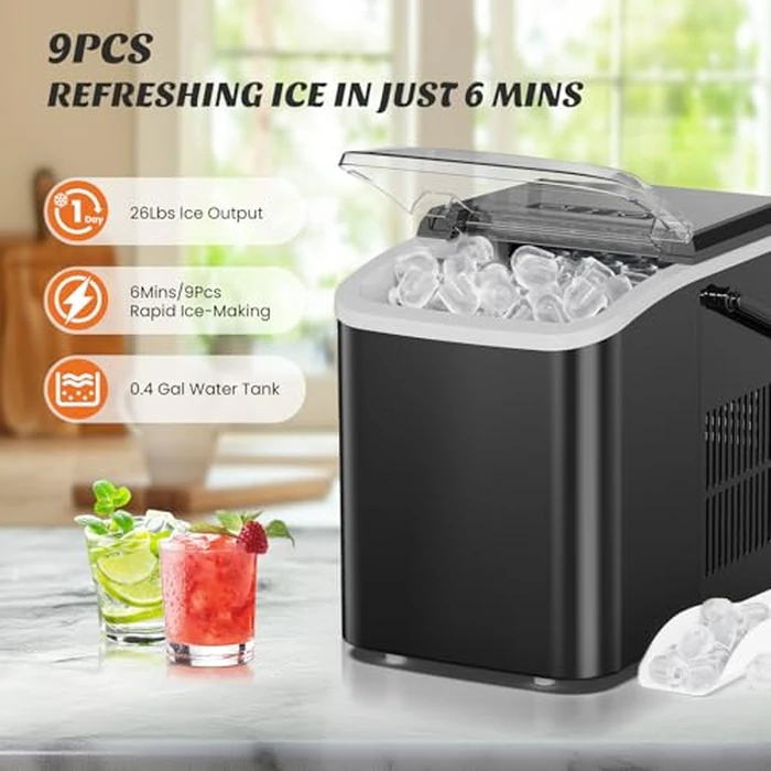 Sweetcrispy Countertop Ice Maker with Handle, 26lbs/24H Portable Ice Machine, 9 Bullet Ice Cubes Ready in 6 Mins, Self-Cleaning, Quiet Compact Ice Maker for Home, Kitchen, RV, Camping, Black by Sweetcrispy - Image 4