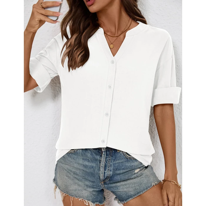 LOMON 3/4 Sleeve Button Down Shirts for Women Cotton Linen Shirt V Neck Casual Loose Tops Blouse White S by LOMON - Image 10