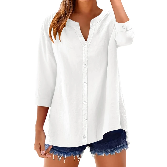 LOMON 3/4 Sleeve Button Down Shirts for Women Cotton Linen Shirt V Neck Casual Loose Tops Blouse White S by LOMON - Image 1