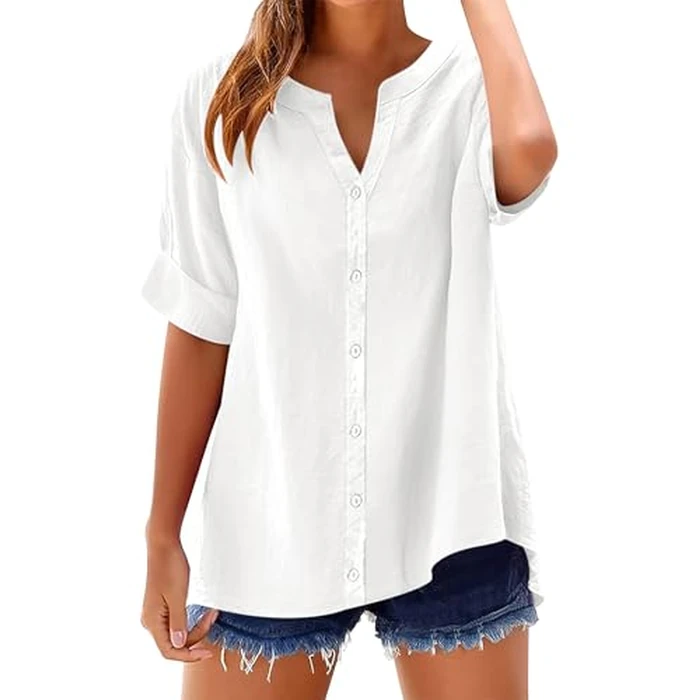 LOMON 3/4 Sleeve Button Down Shirts for Women Cotton Linen Shirt V Neck Casual Loose Tops Blouse White S by LOMON - Image 5
