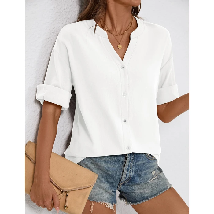 LOMON 3/4 Sleeve Button Down Shirts for Women Cotton Linen Shirt V Neck Casual Loose Tops Blouse White S by LOMON - Image 7