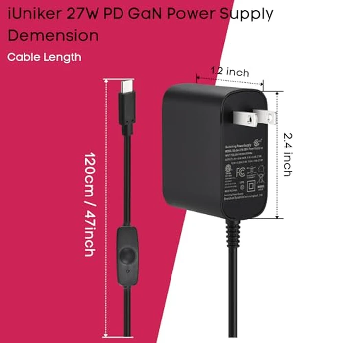 iUniker 27W PD USB-C Switch Power Supply for Raspberry Pi 5, 5.1V 5A 27W GaN PD Power Supply for Raspberry Pi 5 16GB/8GB/4GB/2GB (ETL Listed) by iUniker - Image 4