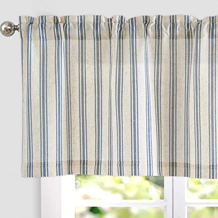 jinchan Striped Valance Farmhouse Window Treatment Linen Textured Drapes for Small Windows Kitchen Living Room RV Vintage Light Filtering Valance 16 Inch Rod Pocket 1 Panel Blue on Linen by jinchan - Image 1