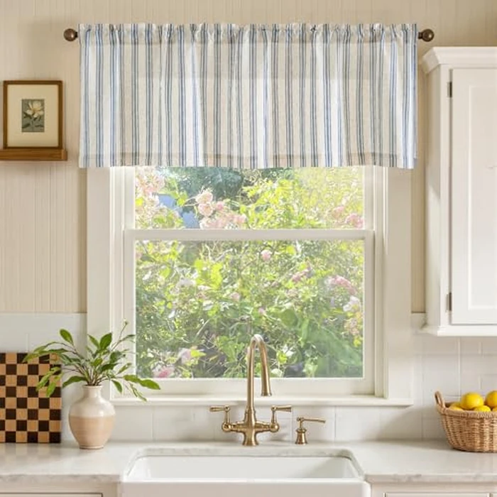 jinchan Striped Valance Farmhouse Window Treatment Linen Textured Drapes for Small Windows Kitchen Living Room RV Vintage Light Filtering Valance 16 Inch Rod Pocket 1 Panel Blue on Linen by jinchan - Image 2