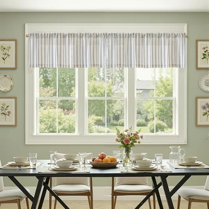 jinchan Striped Valance Farmhouse Window Treatment Linen Textured Drapes for Small Windows Kitchen Living Room RV Vintage Light Filtering Valance 16 Inch Rod Pocket 1 Panel Blue on Linen by jinchan - Image 4