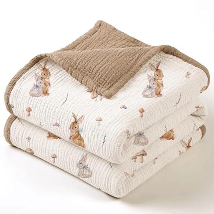 lulumoon Muslin Baby Blanket for Girls: Lightweight Cotton Blanket for Newborn - Soft Nursery Blanket for Stroller 47x47 Inches (Bunny) by lulumoon - Image 1