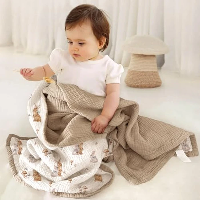 lulumoon Muslin Baby Blanket for Girls: Lightweight Cotton Blanket for Newborn - Soft Nursery Blanket for Stroller 47x47 Inches (Bunny) by lulumoon - Image 2