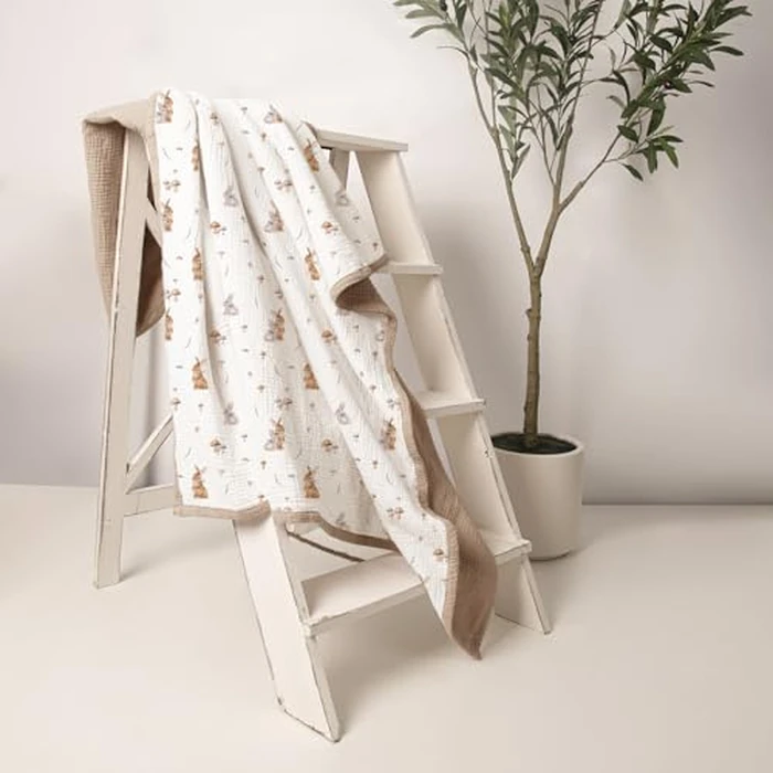lulumoon Muslin Baby Blanket for Girls: Lightweight Cotton Blanket for Newborn - Soft Nursery Blanket for Stroller 47x47 Inches (Bunny) by lulumoon - Image 6