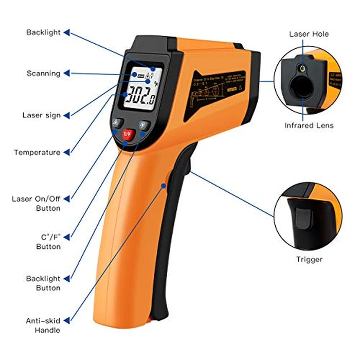 Laser Infrared Thermometer Non-Contact Digital Temperature Gun，-50 degreesC to 400 degreesC(-58 degreesF to 752 degreesF) IR Thermometer for Industrial,Kitchen Cooking,Ovens (Orange) by PWWDADA - Image 2