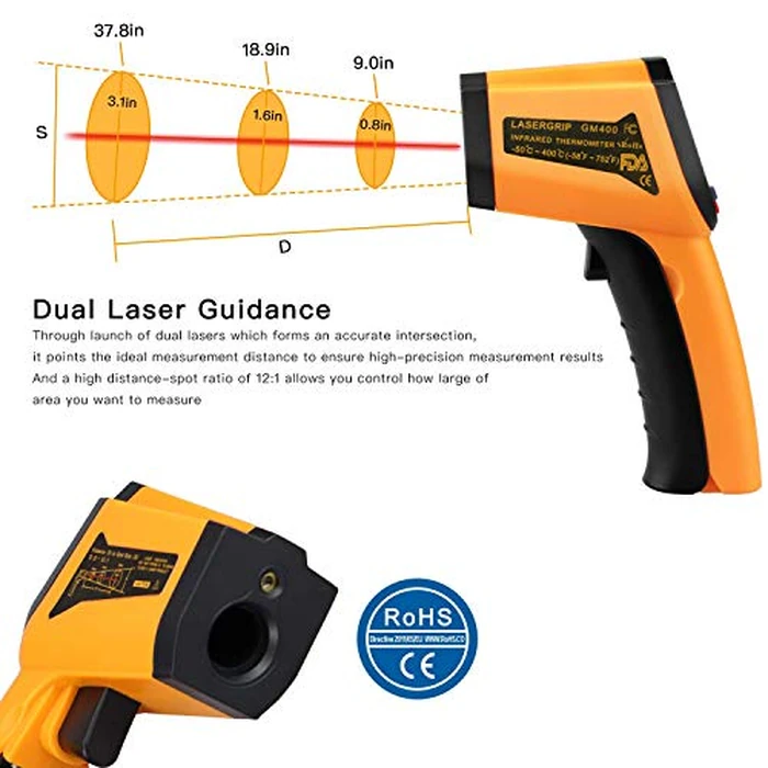 Laser Infrared Thermometer Non-Contact Digital Temperature Gun，-50 degreesC to 400 degreesC(-58 degreesF to 752 degreesF) IR Thermometer for Industrial,Kitchen Cooking,Ovens (Orange) by PWWDADA - Image 3
