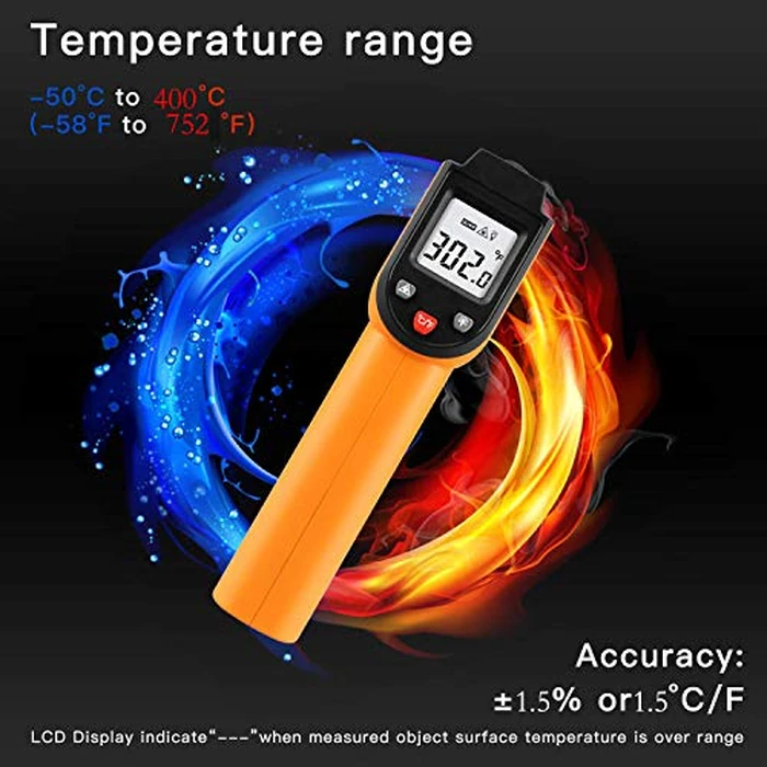 Laser Infrared Thermometer Non-Contact Digital Temperature Gun，-50 degreesC to 400 degreesC(-58 degreesF to 752 degreesF) IR Thermometer for Industrial,Kitchen Cooking,Ovens (Orange) by PWWDADA - Image 4