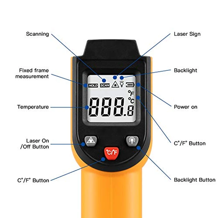 Laser Infrared Thermometer Non-Contact Digital Temperature Gun，-50 degreesC to 400 degreesC(-58 degreesF to 752 degreesF) IR Thermometer for Industrial,Kitchen Cooking,Ovens (Orange) by PWWDADA - Image 7