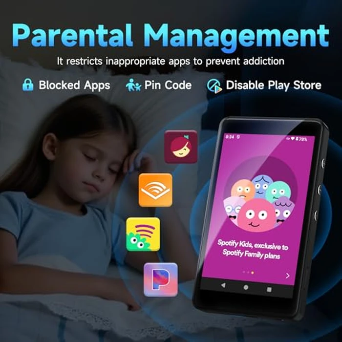 PECSU Android 14 MP3 Player, 4" Touch Screen MP4 Player for Kids, Preinstalled Spotify, Play Store, Amazon Music, Audible, Libby, Parental Control, Eye-Care Mode, 2000mAh (Space Black) by PECSU - Image 5