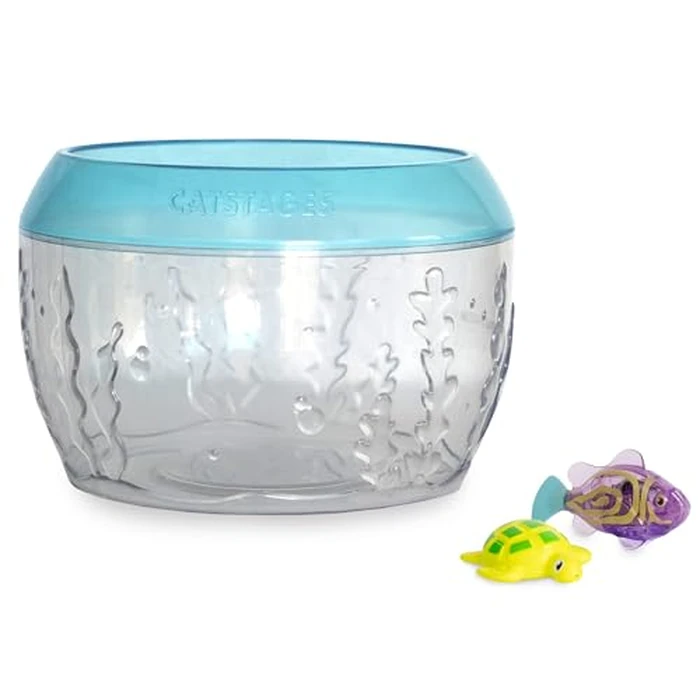 Catstages Meow-smerizing Fish Bowl for Cats with Two Water Cat Toys, Electronic Swimming Fish and Floating Turtle Included, Blue by Catstages - Used - Like New condition