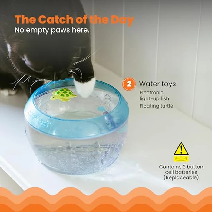 Catstages Meow-smerizing Fish Bowl for Cats with Two Water Cat Toys, Electronic Swimming Fish and Floating Turtle Included, Blue by Catstages - Image 3