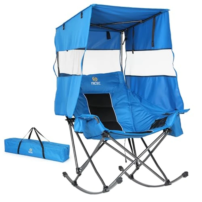 Nice C Rocking Camping Chair with Canopy, XL Oversized Folding Rocker for Adult, Outdoor Umbrella Chair with Shade, Cup Holder, Cooler Bag, Carry Bag, for Sports, Patio, Backyard (1 Pack, Blue) by Nice C - Used - Like New condition - US$138.69