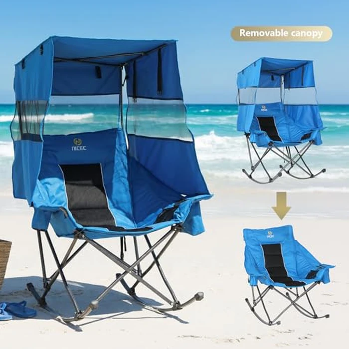 Nice C Rocking Camping Chair with Canopy, XL Oversized Folding Rocker for Adult, Outdoor Umbrella Chair with Shade, Cup Holder, Cooler Bag, Carry Bag, for Sports, Patio, Backyard (1 Pack, Blue) by Nice C - Image 3