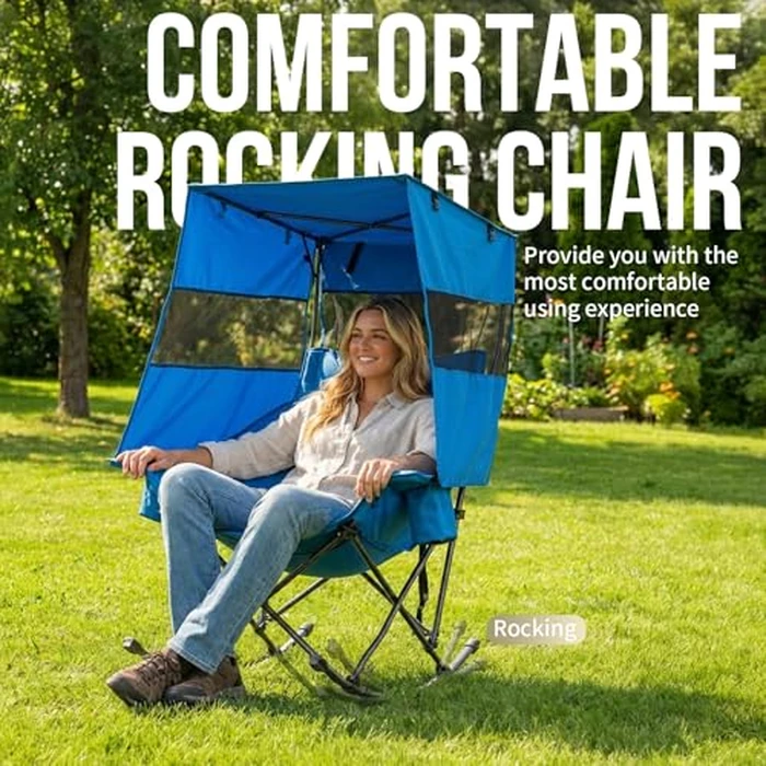 Nice C Rocking Camping Chair with Canopy, XL Oversized Folding Rocker for Adult, Outdoor Umbrella Chair with Shade, Cup Holder, Cooler Bag, Carry Bag, for Sports, Patio, Backyard (1 Pack, Blue) by Nice C - Image 4