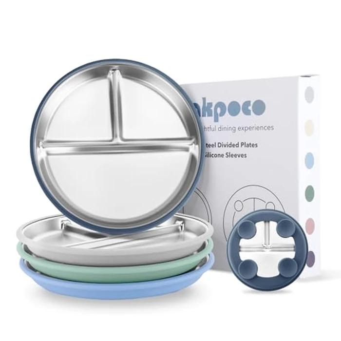 Bakpoco Stainless Steel Suction Plates for Toddlers, 9" Divided Kids Baby Plates with Removable Silicone Suction, Non Toxic Non Slip Portion Control Snack Dishes 4 Packs, Blue Gray Navy Sage by Bakpoco - Used - Good condition - CA$24.17