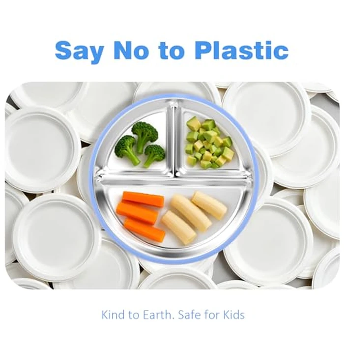 Bakpoco Stainless Steel Suction Plates for Toddlers, 9" Divided Kids Baby Plates with Removable Silicone Suction, Non Toxic Non Slip Portion Control Snack Dishes 4 Packs, Blue Gray Navy Sage by Bakpoco - Image 2