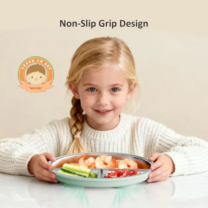 Bakpoco Stainless Steel Suction Plates for Toddlers, 9" Divided Kids Baby Plates with Removable Silicone Suction, Non Toxic Non Slip Portion Control Snack Dishes 4 Packs, Blue Gray Navy Sage by Bakpoco - Image 6