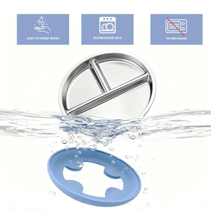 Bakpoco Stainless Steel Suction Plates for Toddlers, 9" Divided Kids Baby Plates with Removable Silicone Suction, Non Toxic Non Slip Portion Control Snack Dishes 4 Packs, Blue Gray Navy Sage by Bakpoco - Image 8