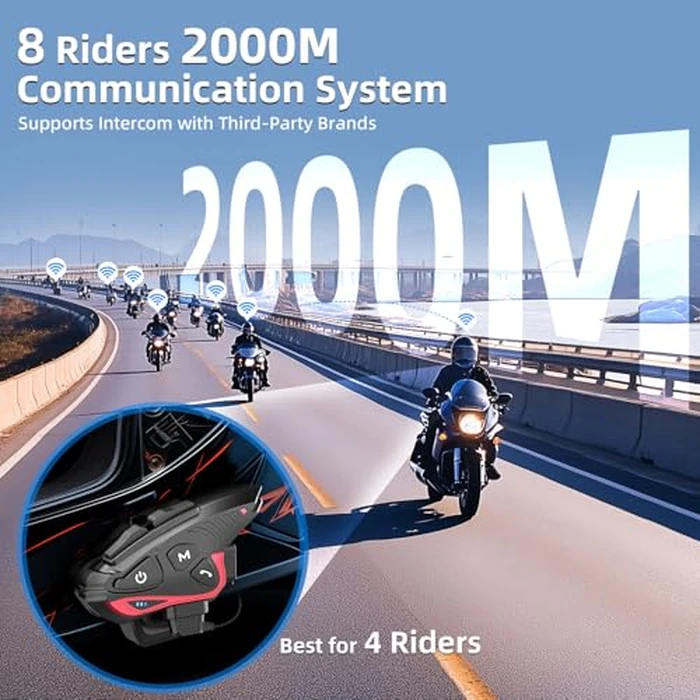 Moman Motorcycle Intercom Headset, CP-S 8 Riders 2000M Group Helmet Communication System, Universal Pairing with HiFi Noise Cancellation Music Share FM Radio Helmet Group Communicator for Motorbike by Moman - Image 3
