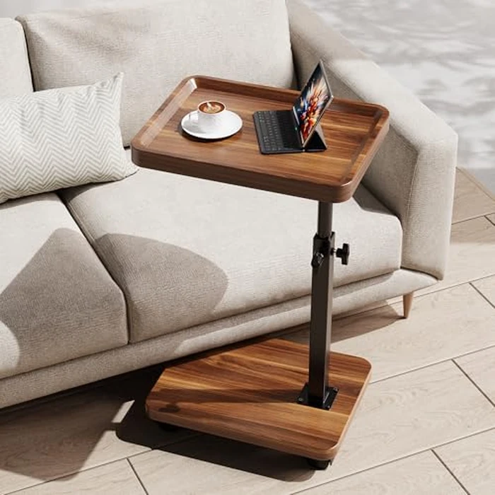 SJIE C Table End Table Adjustable Height, 360 degreesSwivel TV Tray Table for Small Spaces, Side Tables with Wheels for Living Room and Bedroom, Bed (Walnut) by SJIE - Used - Like New condition