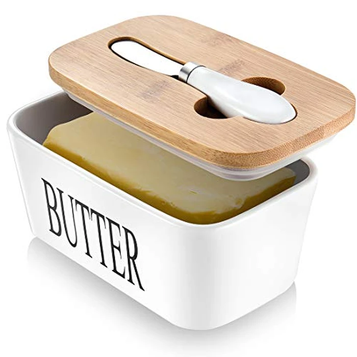 Butter Dish with Lid: Large Butter Dish for Countertop - Ceramic Butter Keeper Container with Knife and High Quality - Silicone Sealing Butter Box for Home Decor Good Kitchen Gift Black White by AISBUGUR - Used - Acceptable condition